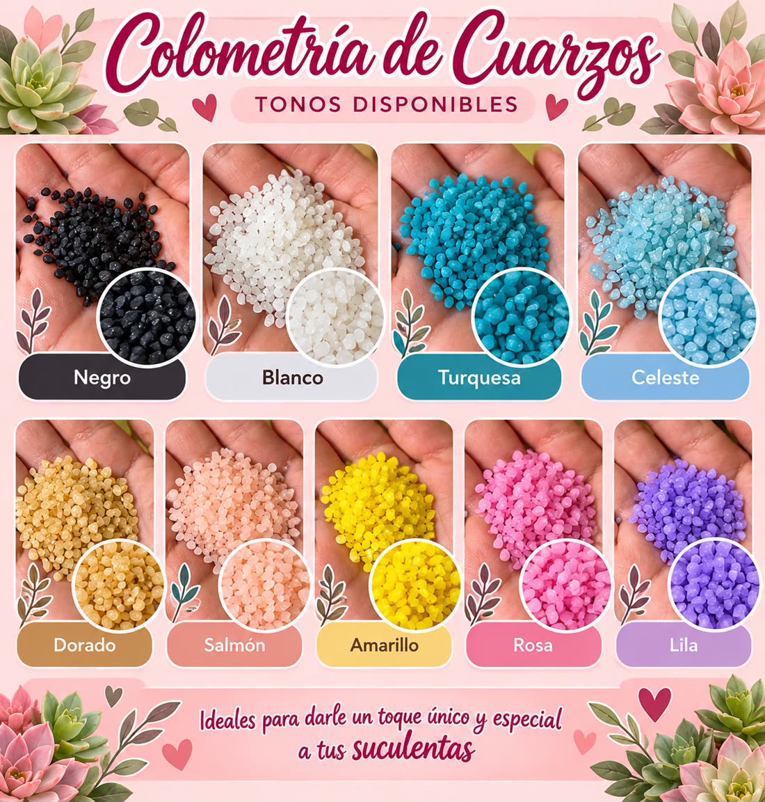 Colores de cuarzo disponibles: negro, blanco, turquesa, celeste, dorado, salmón, amarillo, rosa y lila