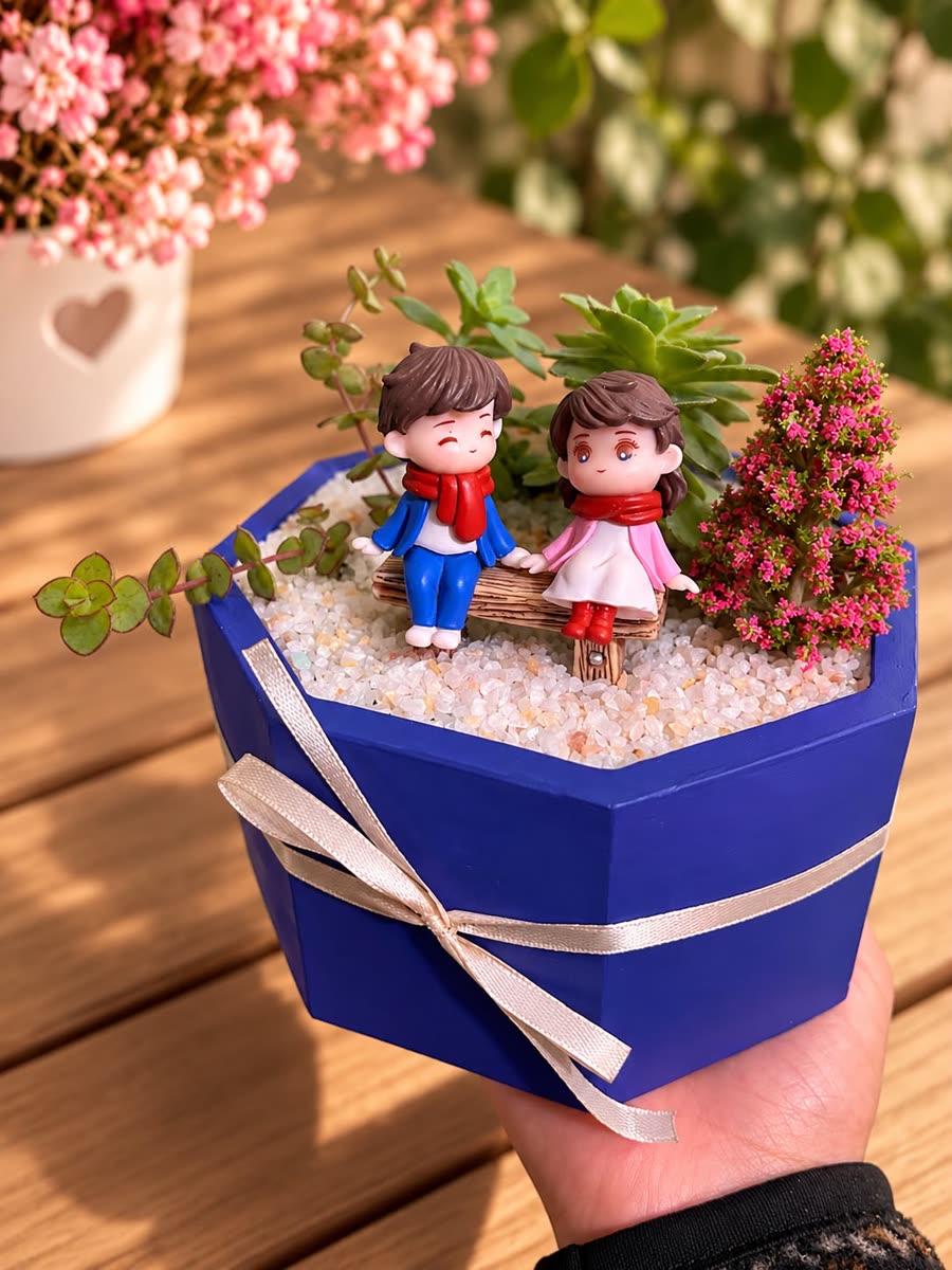 Mini jardín de suculentas en macetero azul, con dos muñequitos en una banca
