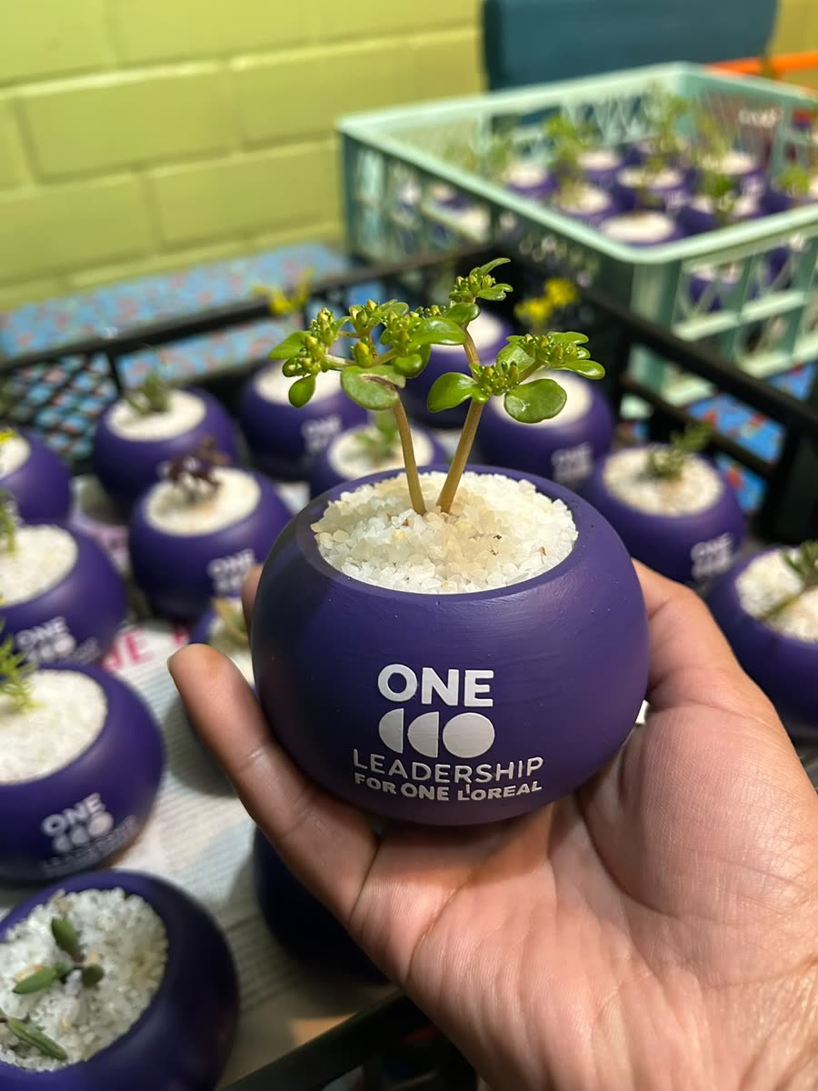 Macetero morado con el logo ONE Leadership de L'Oréal